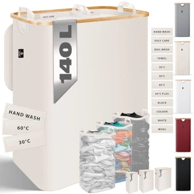 Afbeelding van KESSER® Opvouwbare wasmand met deksel, 2 vakken, 140 liter, 3 afneembare waszakken, wasinstructies, beige