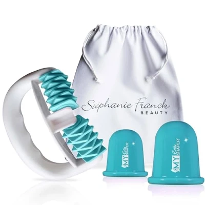 Afbeelding van Stephanie Franck Beauty Cellulite Massage Premium massagerol en 2 glazen zuignappen (5,5 7 cm), set voor gladde huid lichaamsversteviging met katoenen zak, turquoise
