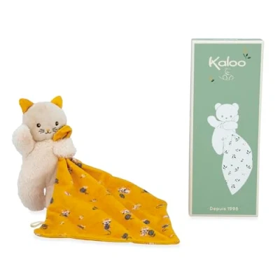 Image de KALOO Carré Douceur Doudou Chat Jaune Peluche Bébé 18 x cm Matières Ecoresponsables Boîte Cadeau FSC Dès la Naissance,K226003