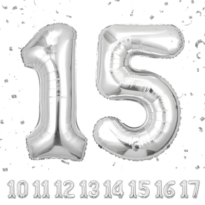 Afbeelding van Verjaardagsballonnen 15, zilverkleurig, 100 cm, ballon cijfer nummer Happy Birthday decoratie, ballonnen, verjaardagsfeest, jaren vliegen dankzij helium 15