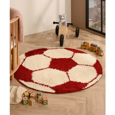 Afbeelding van Rond Vloerkleed Kinderkamer Voetbal Crème/rood 100 Cm