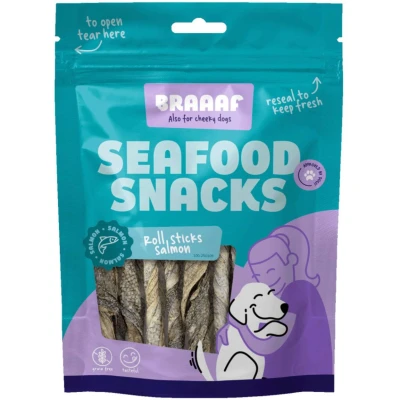 Afbeelding van 12x Braaaf Vissnacks Zalmhuid Sticks 12 cm 70 gr