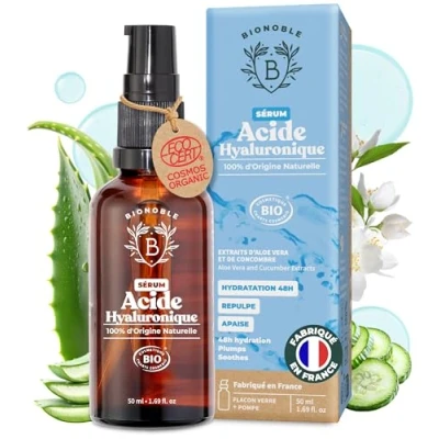 Image de BIONOBLE Sérum Visage Acide Hyaluronique Pur certifié Bio Soin Hydratant Anti Âge et Rides avec Aloe Vera Bouteille en Verre + Pompe Serum Made in France 50ml
