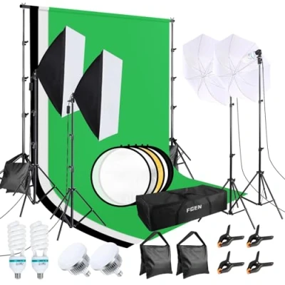 Afbeelding van FGen Softbox Fotostudio Set Met 135W &amp; 85W Lampen Inclusief Kreukvrije Katoenen Greenscreen