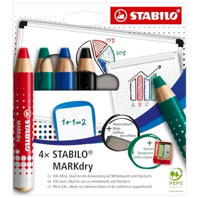 Afbeelding van Stabilo Markdry Potlood Voor Whiteboards, Etui Van 4 Stuks In Geassorteerde Kleuren Whiteboardpotlood
