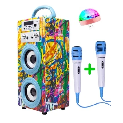 Afbeelding van DYNASONIC karaoke met 2 microfoons, draagbare machine, bluetooth luidspreker en verlichting, USB SD speler, cadeau voor kinderen van 5 tot 13 jaar (model 17) 22 licht)