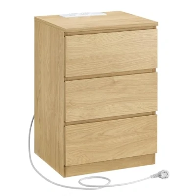 Afbeelding van VASAGLE LET631Y70 Nachtkastje, bijzettafel, 3 laden, afgeschuinde rand, 2 AC stopcontacten, USB poorten, voor woonkamer, slaapkamer, kantoor, modern, strogeel