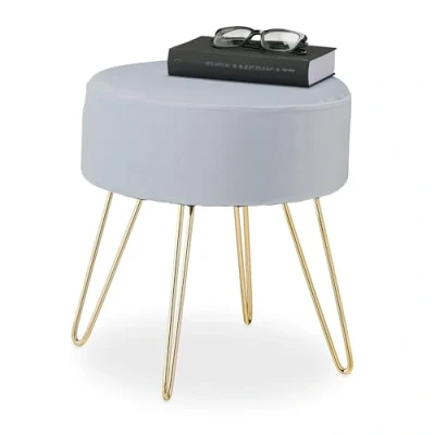 Afbeelding van Relaxdays velvet poef op hairpin poten 40 cm voor kaptafel of bank grijs