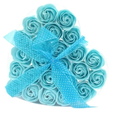 Afbeelding van Zeep Bloemen Blauwe Rozen 24 stuks Hartvormige Cadeauverpakking