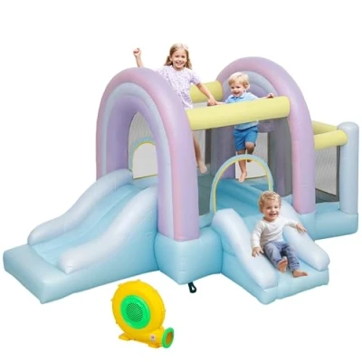 Afbeelding van AIYAPLAY Opblaasbaar kasteel met ventilator, glijbaan, springmand, basketbalmand, draagtas, voor kinderen van 3 tot 8 jaar, 340 x 220 180 cm