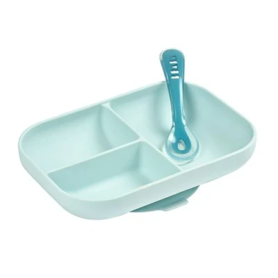 Image de BEABA, Set Repas BÃ©bÃ©, Avec Ventouse, Anti dÃ©rapant, Assiette Silicone CompartimentÃ©e + Cuillere, Sain et Durable,Bleu