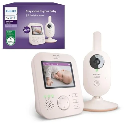 Image de Philips Avent Babyphone vidéo, Certifié DEKRA, privé et sécurisé avec caméra audio, corail/crème, écran de 2,8&quot;, zoom x 2, vision nocturne, audio bidirectionnel, berceuses (modèle SCD881/26)
