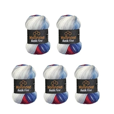 Afbeelding van Wollbiene Batik Fine Wol, 5 x 100 g, 500 gram wol met kleurverloop, meerkleurig, kleur: 1540 blauw donkerrood wit