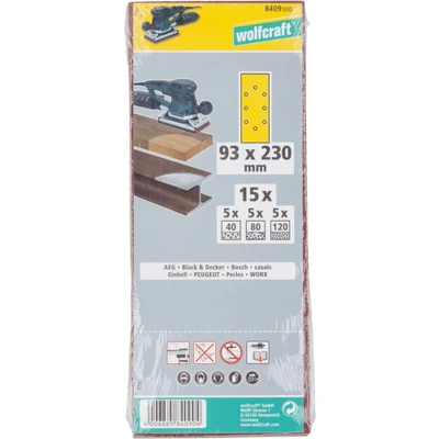 Afbeelding van Wolfcraft 8409000 Oscillerend schuurpapierset Geperforeerd Korrelgrootte 40, 80, 120 (l x b) 230 mm 93 15 stuk(s)