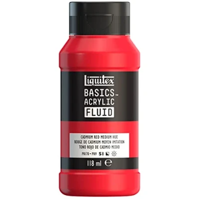 Afbeelding van Liquitex Basics Fluid Acrylverf met vloeibare consistentie, sneldrogend, lichtecht, waterdicht, op waterbasis, 118 ml, cadmiumrood, medium imitatie