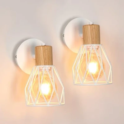 Afbeelding van Comely Witte kooiwandlamp van hout en metaal Set 2, 14,5x12x18cm, E27, Country Design, Geen verlichting