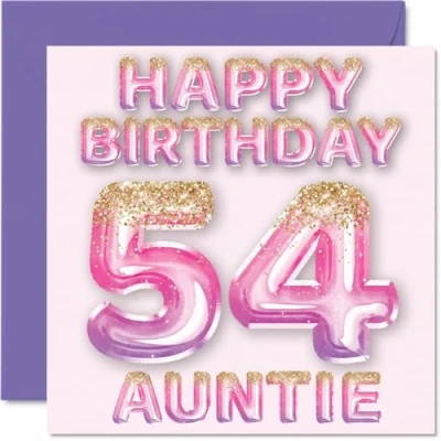 Afbeelding van Verjaardagskaart voor tante 54 jaar, roze en paarse glitterballonnen, verjaardagskaarten jarige van neef nichtje, 145 mm x