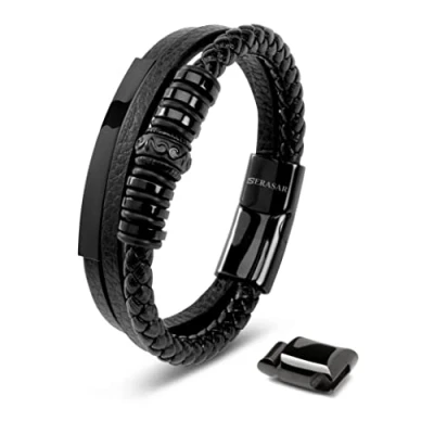 Afbeelding van SERASAR Hoogwaardige leren armband voor heren, magnetische sluiting van roestvrij staal in zwart, zilver en goud, inclusief sieradendoosje, leuk cadeau idee, Leer, Geen edelsteen