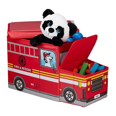 Afbeelding van Relaxdays speelgoedkist opvouwbaar opbergbox kind opbergruimte hocker Fire Truck