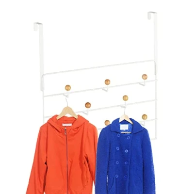 Afbeelding van Relaxdays deurkapstok 10 haken deurgarderobe opghanghaken staal &amp; hout wit
