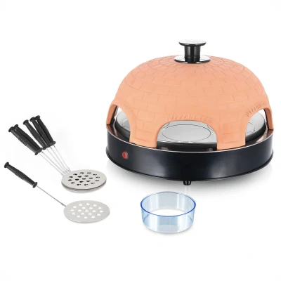 Afbeelding van Emerio PO 115984 Pizzarette 6 persoons Handgemaakte terracotta koepel Geïsoleerde bak spatels RVS bakplaat Cool touch