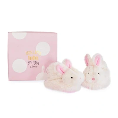 Afbeelding van Doudou et Compagnie DC1308 Pantoffelset met rammelaar, haas snoep, geschenkdoos, roze, van 0 tot 6 maanden, zacht en warm, cadeau idee voor geboorte meisje