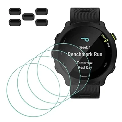 Afbeelding van MTHGH 4 stuks displaybeschermfolie voor Garmin Forerunner 55 + stofkappen van gehard glas, 9H hardheid, krasbestendig, aanraakgevoelig, luchtbelvrij,