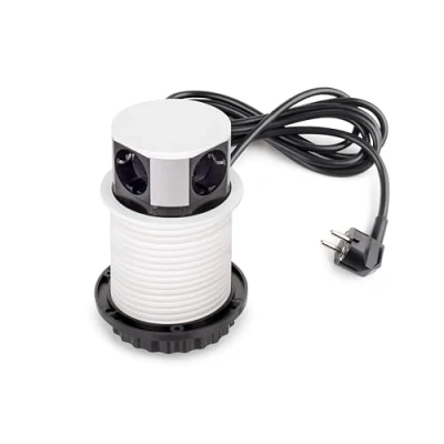 Afbeelding van Emuca Vertikal Push Multiconnector diameter 100 mm, 3 Schuko stopcontacten, 1 USB type A, C, staal en kunststof, wit gelakt