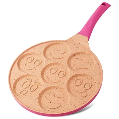 Afbeelding van Joejis pannenkoekenpan met 7 gaten antislip, lichtgewicht gegoten aluminium 26,6 cm inductie mini pan multifunctionele crêpepan smileys voor het koken van vetarme pannenkoeken roze