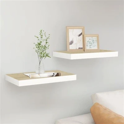 Afbeelding van Wandschappen zwevend 2 st 50x23x3,8 cm MDF eikenkleurig en wit