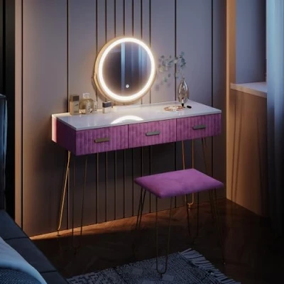 Afbeelding van Vicco Make uptafel set met kruk Layla, Roze/Wit, 100 cm LED verlichting en