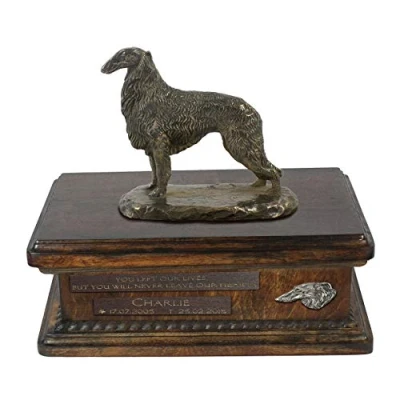 Afbeelding van Persoonlijke urn hond voor Borzoi met beeldje en houten ontwerp