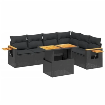 Image de vidaXL Salon de jardin 7 pcs avec coussins Résine tressée Noir