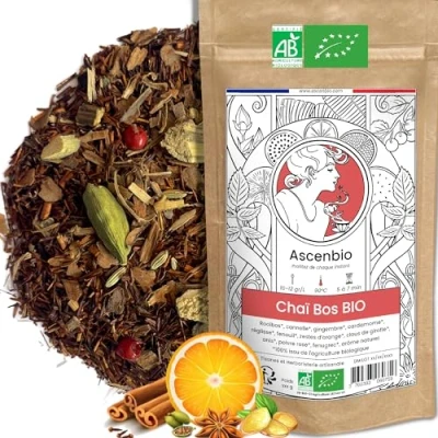 Image de Ascenbio ✿ Chai bos BIO Rooibos Cannelle et épices Tisane Ayurvédique, Noël 180 g vrac Préparé conditionné en France Emballage biodégradable