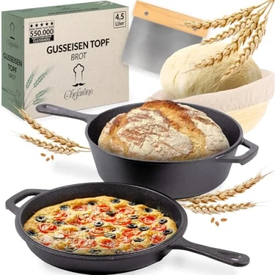 Afbeelding van Chefarone Gietijzeren Pan 3L 2 in 1 Braadpan Inclusief Deksel Sudderpan Broodpan Geschikt voor Alle Warmtebronnen Inductie Kookpan Brood Bakken Skillet Broodbakbol Ø20CM Hittebestendig tot 300C Vaderdag Cadeau