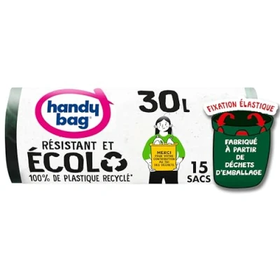 Afbeelding van Handy Bag Vuilniszakken met elastische bevestiging Ecolo 30 l x 15 zakken Robuust: drielaagse folie Maximale dichtheid 100% gerecycled kunststof uit de verzameling huishoudelijk afval
