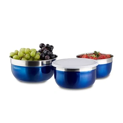 Afbeelding van Relaxdays Schalenset 3 delig gekleurde kommen met deksel keukenset roestvrij staal blauw