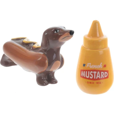 Afbeelding van Puckator Peper en zout stel hotdog hondje mosterd keramiek cadeau setje