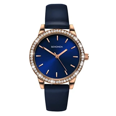Afbeelding van Sekonda Hailey Analoog kwartshorloge met 3 wijzers voor dames roségouden legering behuizing mineraalglazen gesp, broche en armband van polyurethaan 32 mm, blauwe armband, wijzerplaat,