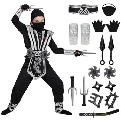 Afbeelding van Spooktacular Creations Silver Ninja Deluxe kostuumset met schuimaccessoires, kinderspeelgoed, Kung Fu outfit, Halloween Ideas (Large (10 12 jaar), zilver)