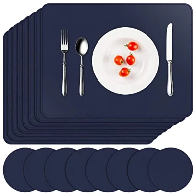 Afbeelding van APLKER set van 16 wasbare onderleggers, 8 placemats en onderzetters, pvc, antislip, waterdicht, hittebestendig, 41 x 31 cm, donkerblauw