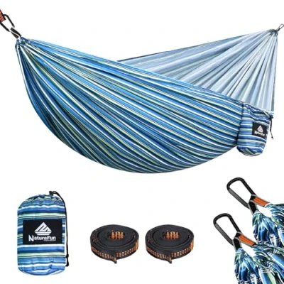 Afbeelding van NatureFun Ultralichte campingreishangmat 300 kg draagvermogen, ademend, sneldrogend 2 x hoogwaardige karabijnhaken, nylon riemen inbegrepen voor binnen/buiten tuin