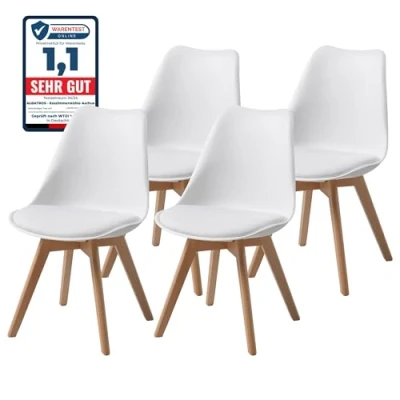 Afbeelding van Albatros Eetkamerstoelen Aarhus in Set van 4, Wit / Beuk massief poten comfortabele kuipstoel, Scandinavisch retro design elegante keukenstoel, eetkamerstoel of eettafelstoel