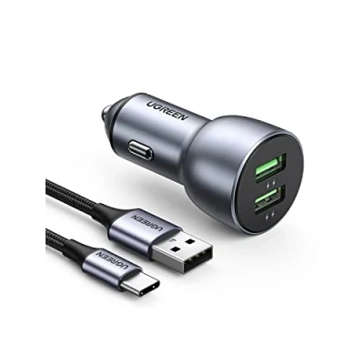 Afbeelding van UGREEN Autolader 2 Poorts QC 3.0 36W Car Charger met 1M USB A naar C Kabel Compatibel voor iPhone iPad Galaxy enz.