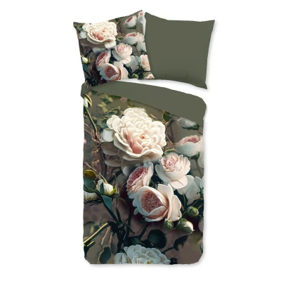 Afbeelding van Dekbedovertrek 135x200 cm Witte Rozen Print Groen 1 Persoons Luxe Microfiber Oeko Tex Gecertificeerd