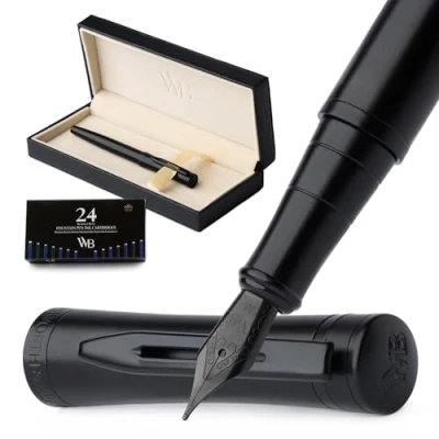 Afbeelding van Wordsworth &amp; Black Vulpenset, medium punt, bevat 24 inktpatronen, inktvulconverter en geschenkdoos, kalligrafie, [geheel zwart], perfect voor mannen vrouwen