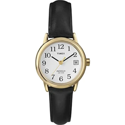 Afbeelding van Timex Easy Reader vrouwen 25mm zwart lederen band datum venster quartz horloge T2H341