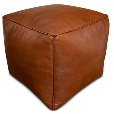Afbeelding van Leren poef Caramel Vierkante Handgemaakt en uniek 40x40x35 Gevuld geleverd Poufs&amp;Pillows
