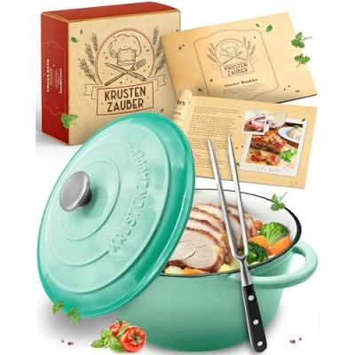Afbeelding van Krustenzauber gietijzeren kookpot [incl. Vleesvork] Hoogwaardige braadpan van 24 cm geschikt voor de oven Ideale stoofpot met deksel oven, inductie, geëmailleerde pan, braadpannen gietijzer