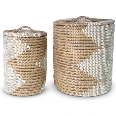 Afbeelding van Wasmand met deksel van Zeegras Goud Wit